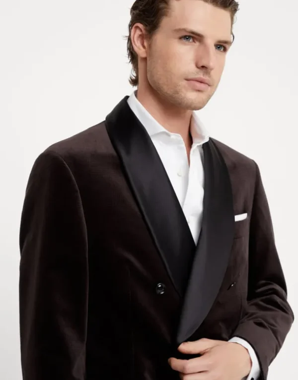 Cotton Prince of Wales velvet one-and-a-half breasted tuxedo jacket with shawl lapels