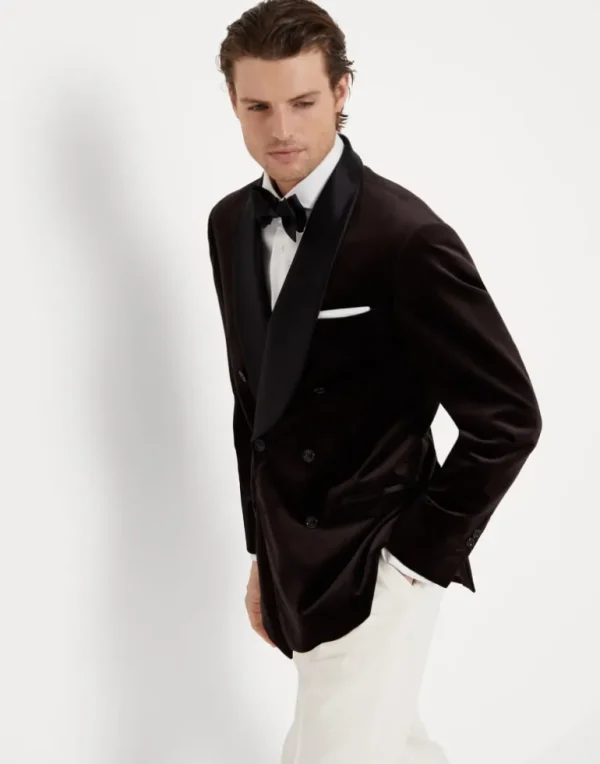 Cotton Prince of Wales velvet one-and-a-half breasted tuxedo jacket with shawl lapels