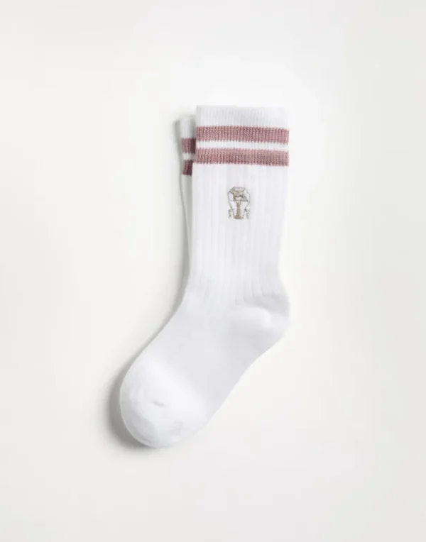 Cotton rib knit socks with stripes and embroidered logo