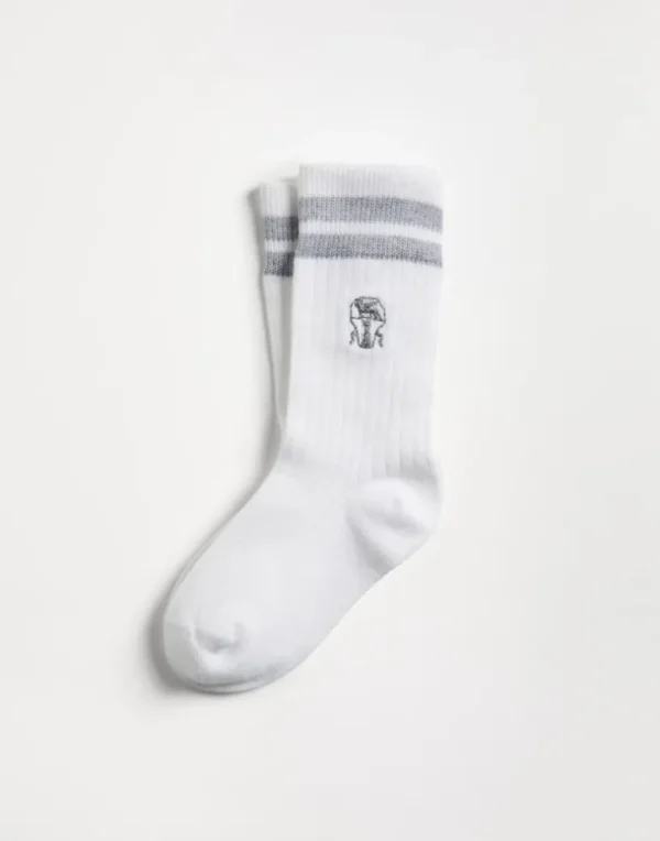 Cotton rib knit socks with stripes and embroidered logo