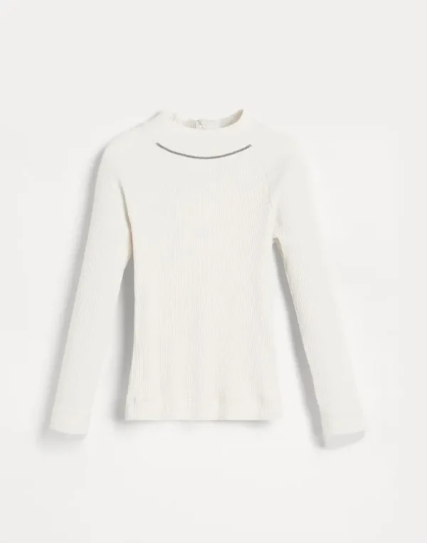 Cotton ribbed jersey mock neck top with monili