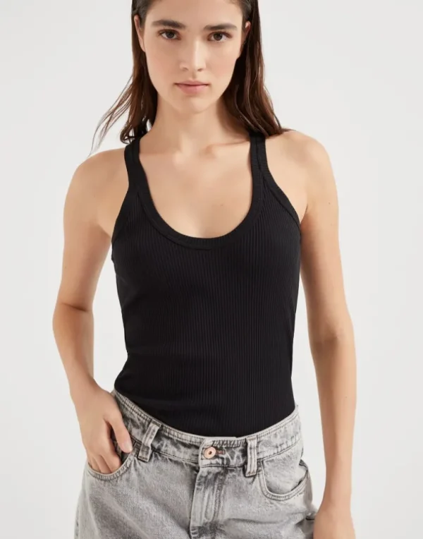 Cotton ribbed jersey top with monili