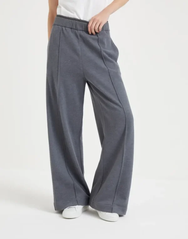 Cotton smooth French terry baggy trousers with shiny ribbed detail