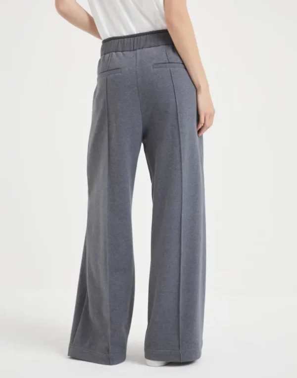 Cotton smooth French terry baggy trousers with shiny ribbed detail