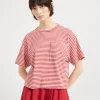 Cotton striped jersey cropped t-shirt with shiny pocket detail