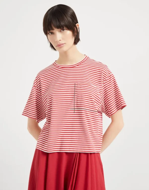 Cotton striped jersey cropped t-shirt with shiny pocket detail