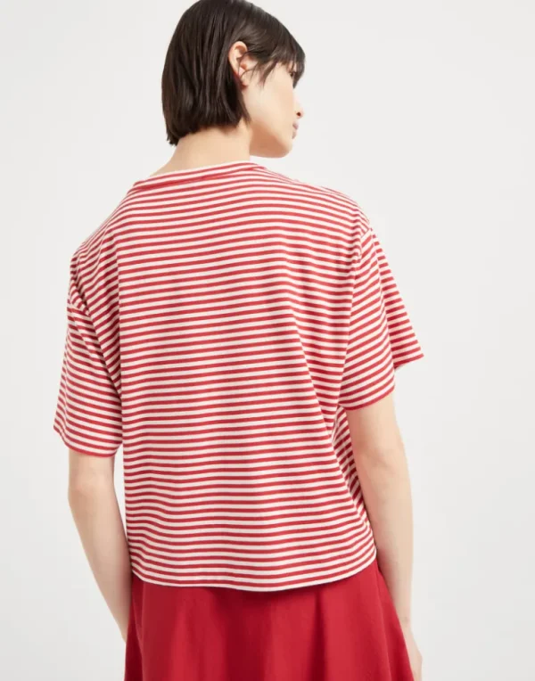 Cotton striped jersey cropped t-shirt with shiny pocket detail