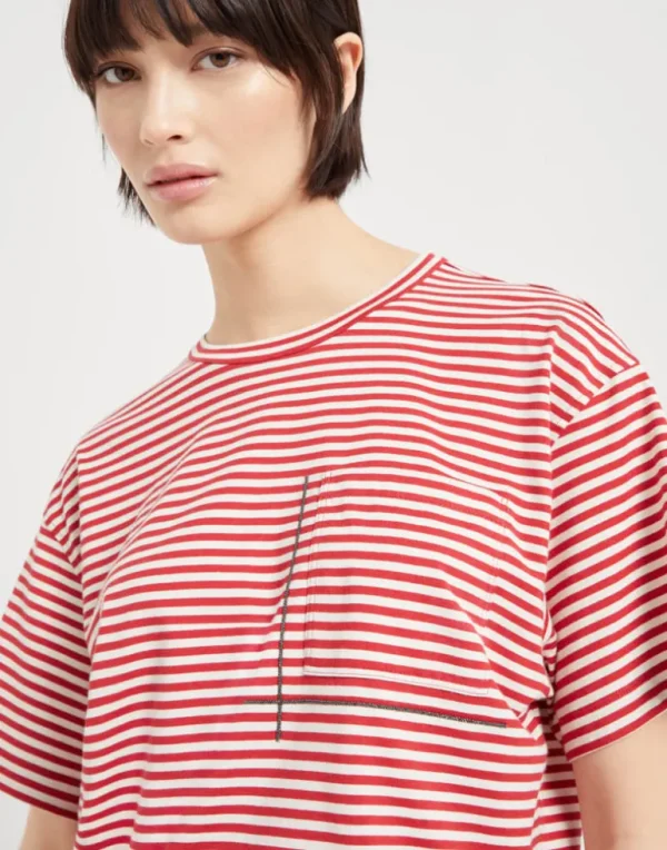 Cotton striped jersey cropped t-shirt with shiny pocket detail