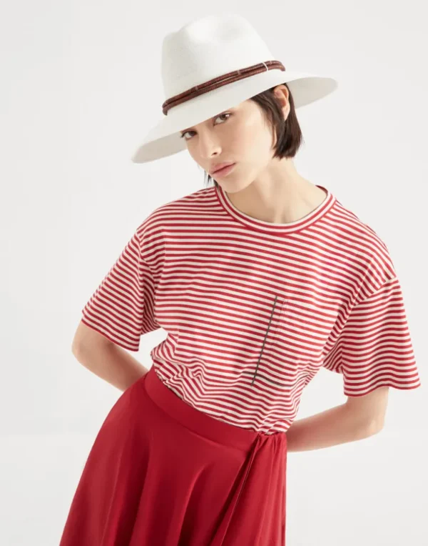 Cotton striped jersey cropped t-shirt with shiny pocket detail