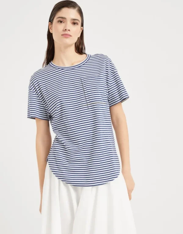 Cotton striped jersey T-shirt with shiny pocket detail