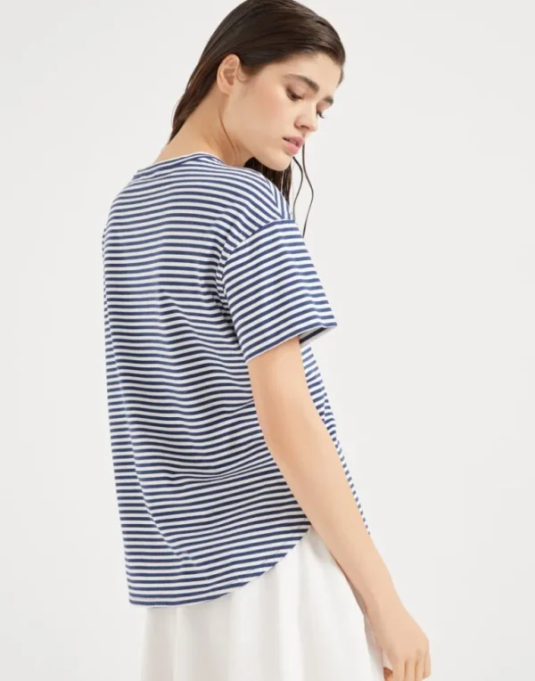 Cotton striped jersey T-shirt with shiny pocket detail