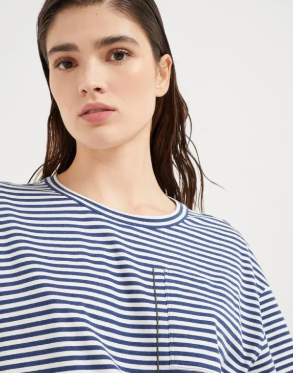 Cotton striped jersey T-shirt with shiny pocket detail