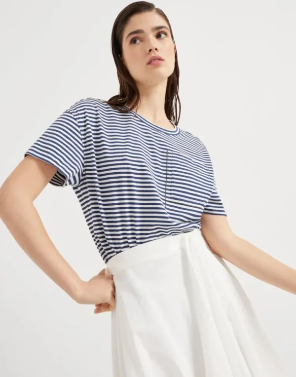 Cotton striped jersey T-shirt with shiny pocket detail