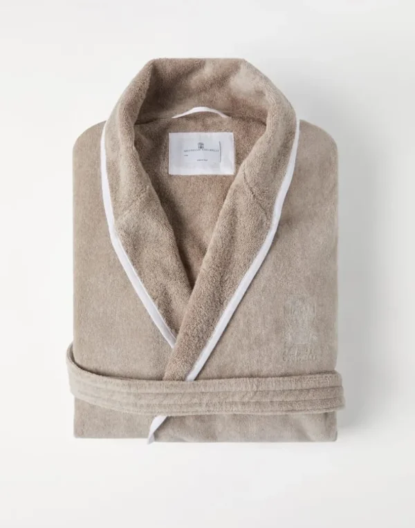 Cotton terrycloth bathrobe with linen trims