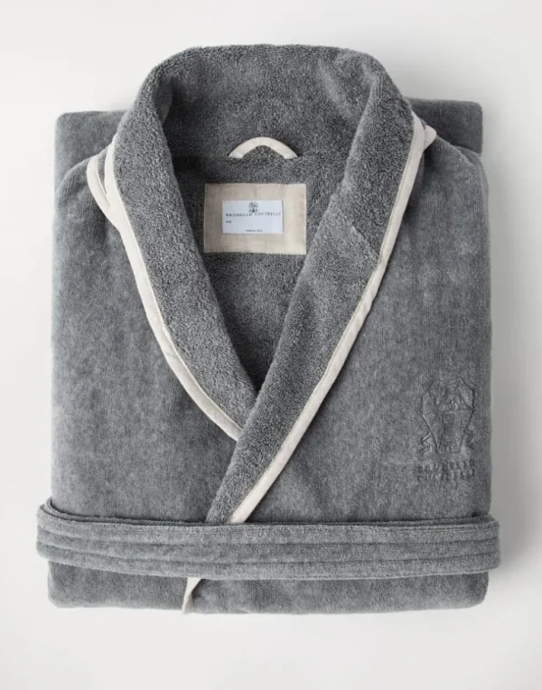 Cotton terrycloth bathrobe with linen trims