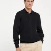 Cotton textured rib knit polo with long sleeves