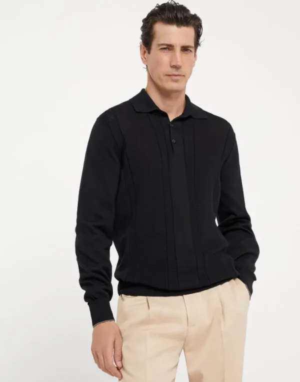 Cotton textured rib knit polo with long sleeves