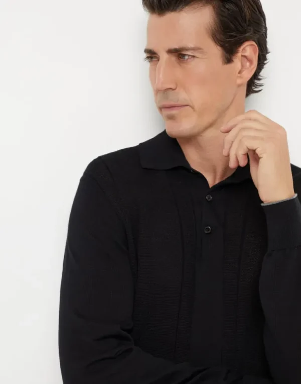 Cotton textured rib knit polo with long sleeves