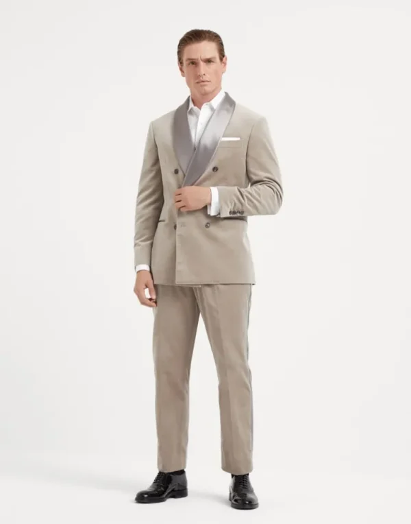 Cotton velvet tuxedo with one-and-a-half breasted shawl lapel jacket and pleated trousers