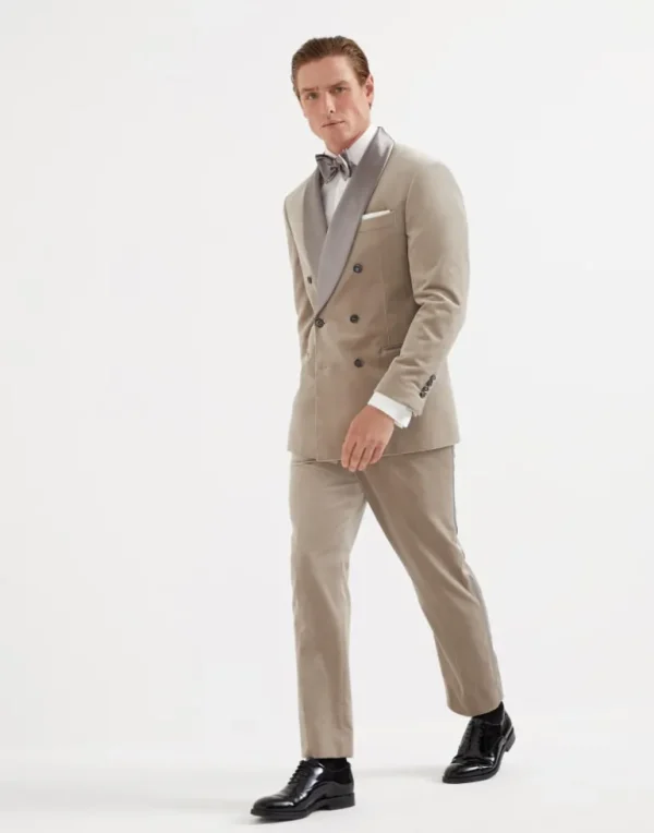 Cotton velvet tuxedo with one-and-a-half breasted shawl lapel jacket and pleated trousers