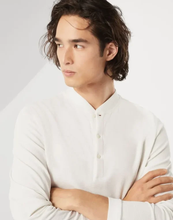 Cotton waffle jersey long sleeve T-shirt with Henley collar