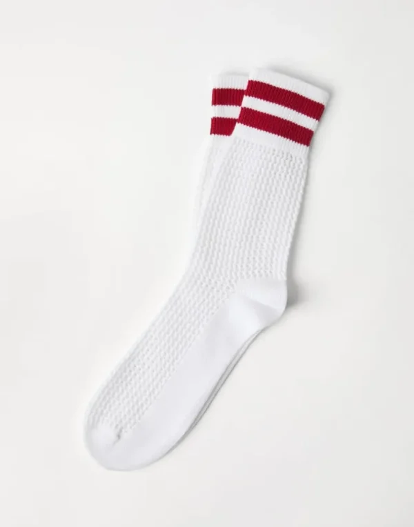 Cotton waffle stitch knit socks with stripes