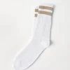 Cotton waffle stitch knit socks with stripes