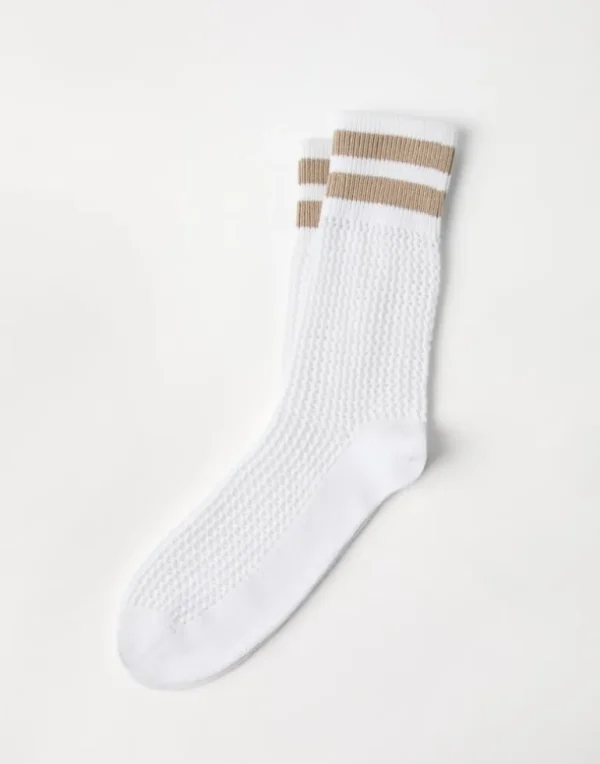 Cotton waffle stitch knit socks with stripes