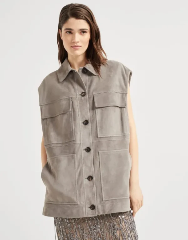 Couture suede four-pocket vest with monili