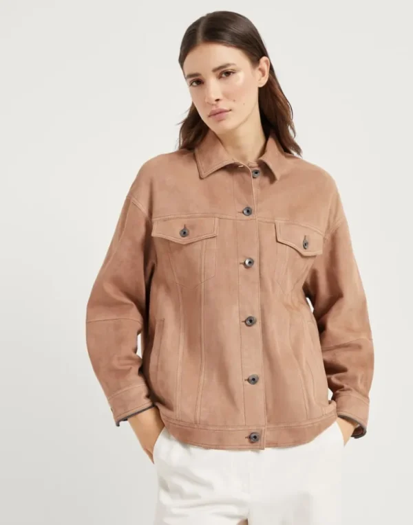 Couture suede four-pocket jacket with shiny cuffs