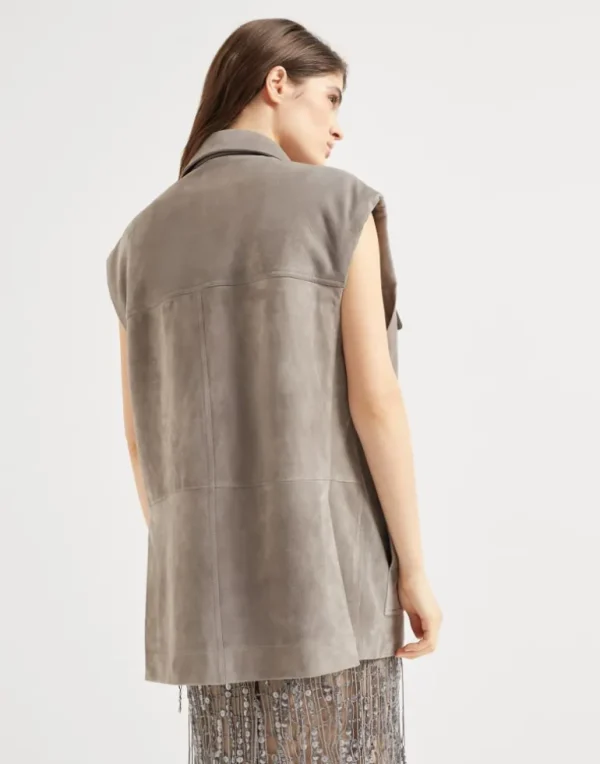 Couture suede four-pocket vest with monili