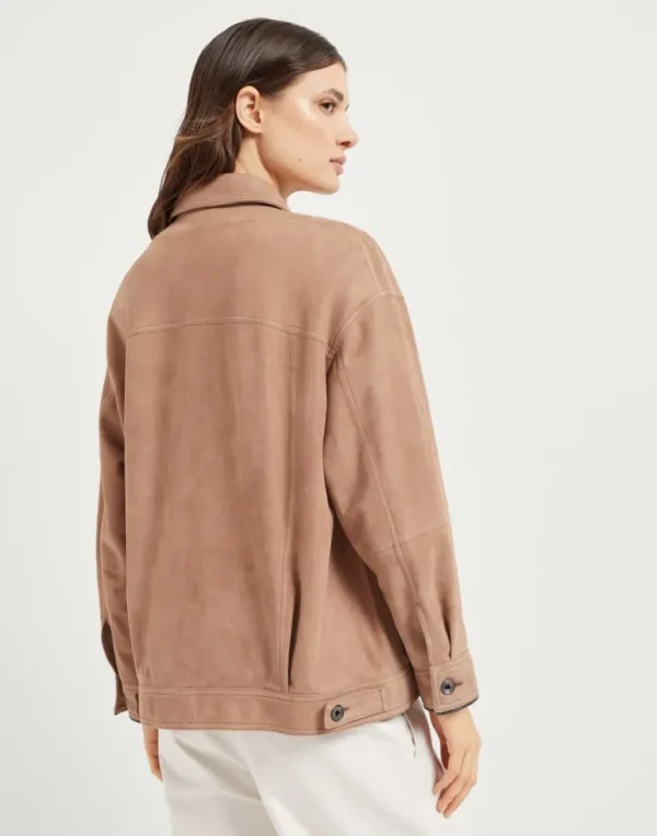 Couture suede four-pocket jacket with shiny cuffs