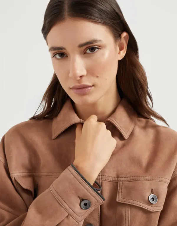 Couture suede four-pocket jacket with shiny cuffs