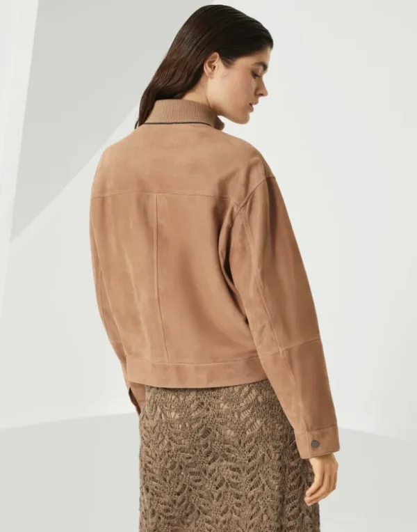 Couture suede outerwear jacket with monili