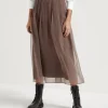 Crispy silk pleated midi skirt with shiny waistband