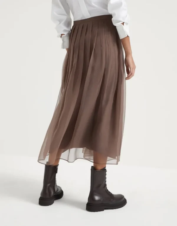 Crispy silk pleated midi skirt with shiny waistband