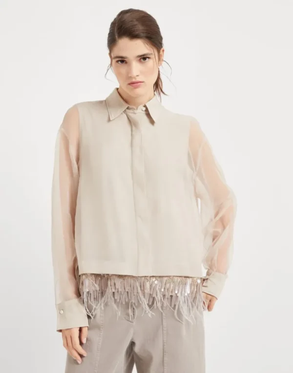 Crispy silk shirt with detachable dazzling cascade embroidery insert