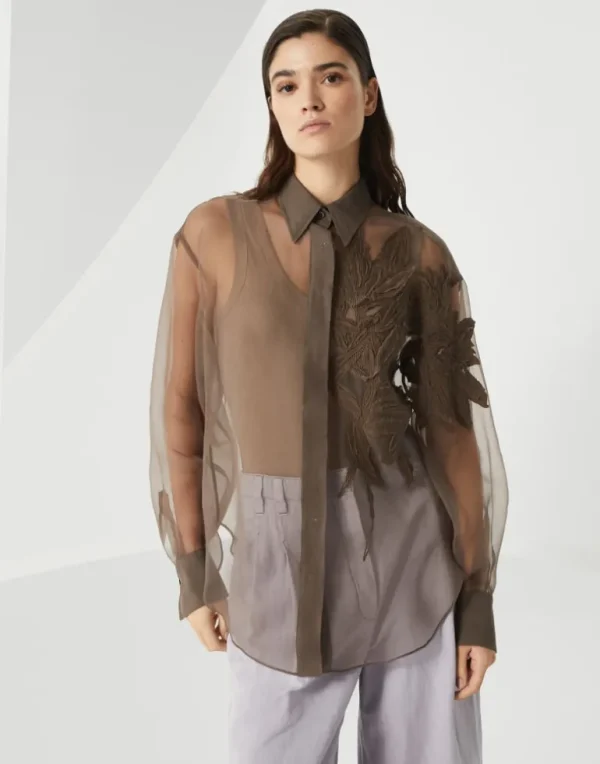 Crispy silk shirt with herbarium appliqué