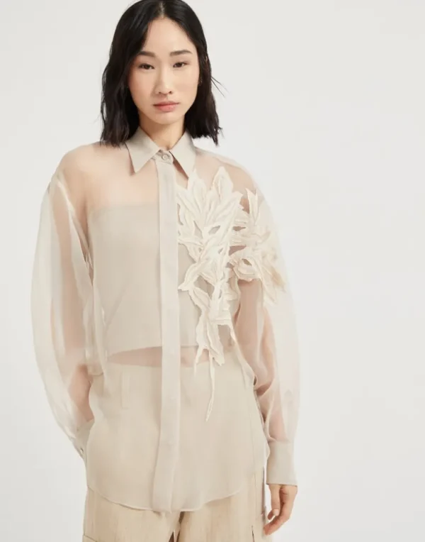 Crispy silk shirt with herbarium appliqué