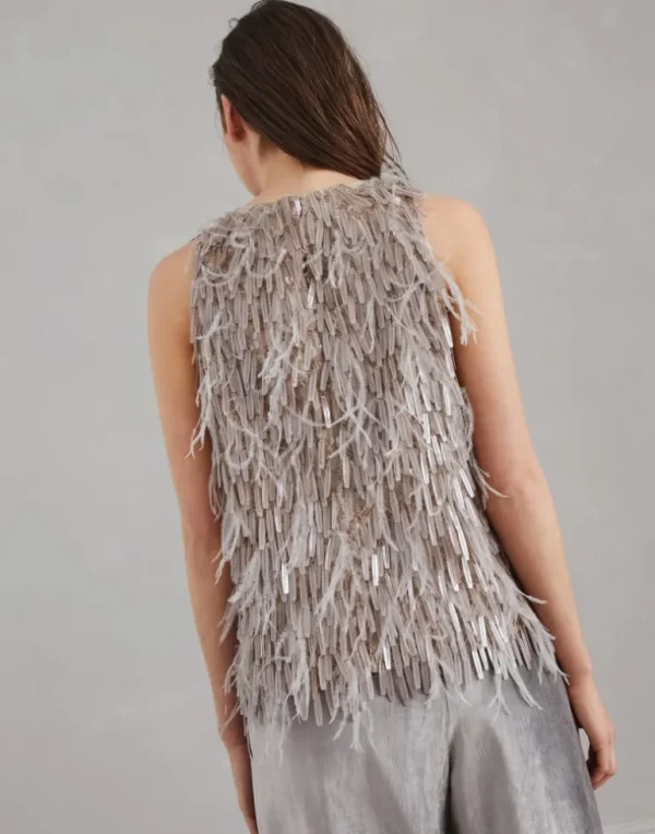 Dazzling cascade embroidery top in crispy silk with feathers