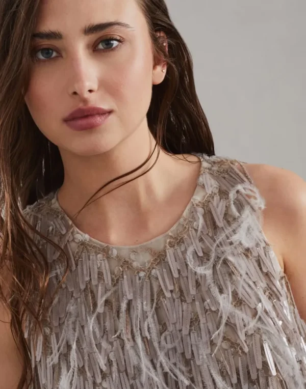 Dazzling cascade embroidery top in crispy silk with feathers