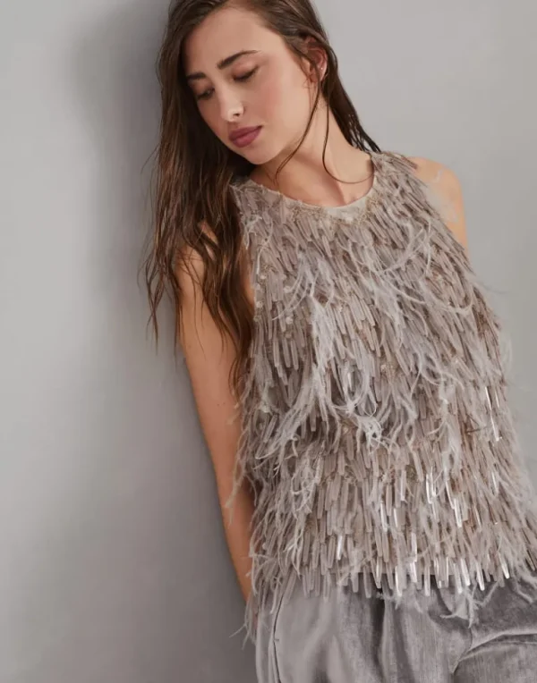 Dazzling cascade embroidery top in crispy silk with feathers