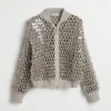 Dazzling mosaic embroidery knit bomber jacket in cotton