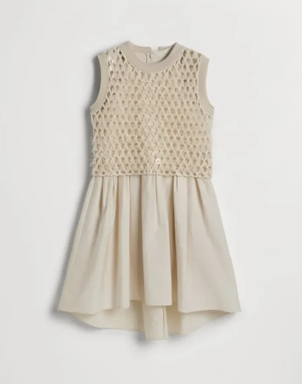 Dazzling mosaic embroidery knit and cotton poplin layered dress