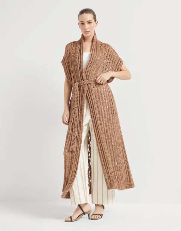 Dazzling silk and linen openwork rib long cardigan