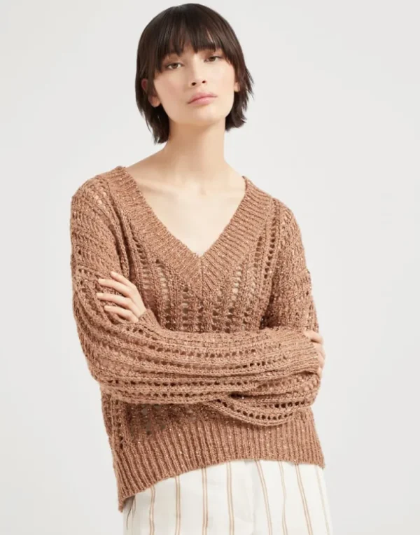 Dazzling silk and linen openwork rib sweater