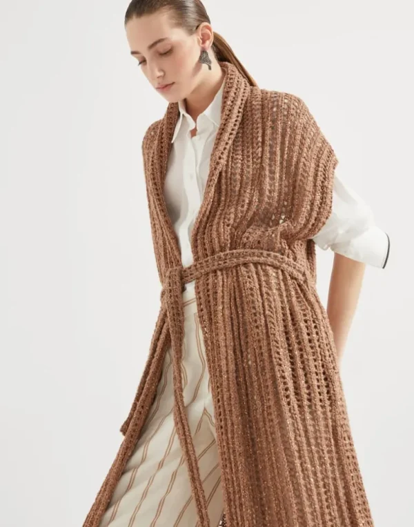 Dazzling silk and linen openwork rib long cardigan