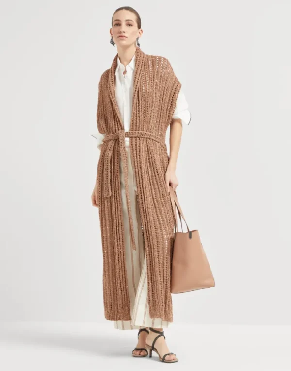 Dazzling silk and linen openwork rib long cardigan