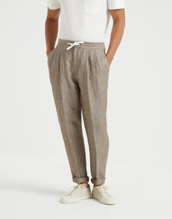 Délavé linen chevron leisure fit trousers with drawstring and double pleats