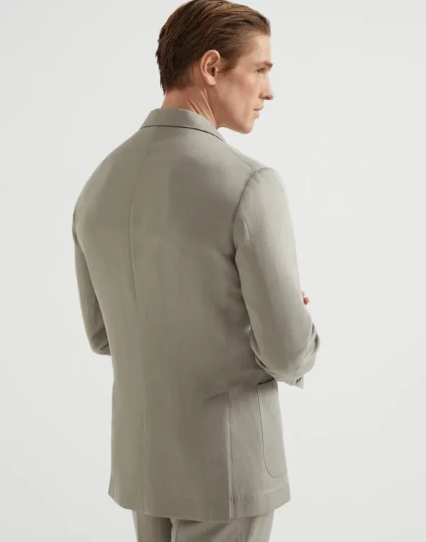 Délavé silk and linen twill one-and-a-half breasted deconstructed blazer with patch pockets and metal buttons